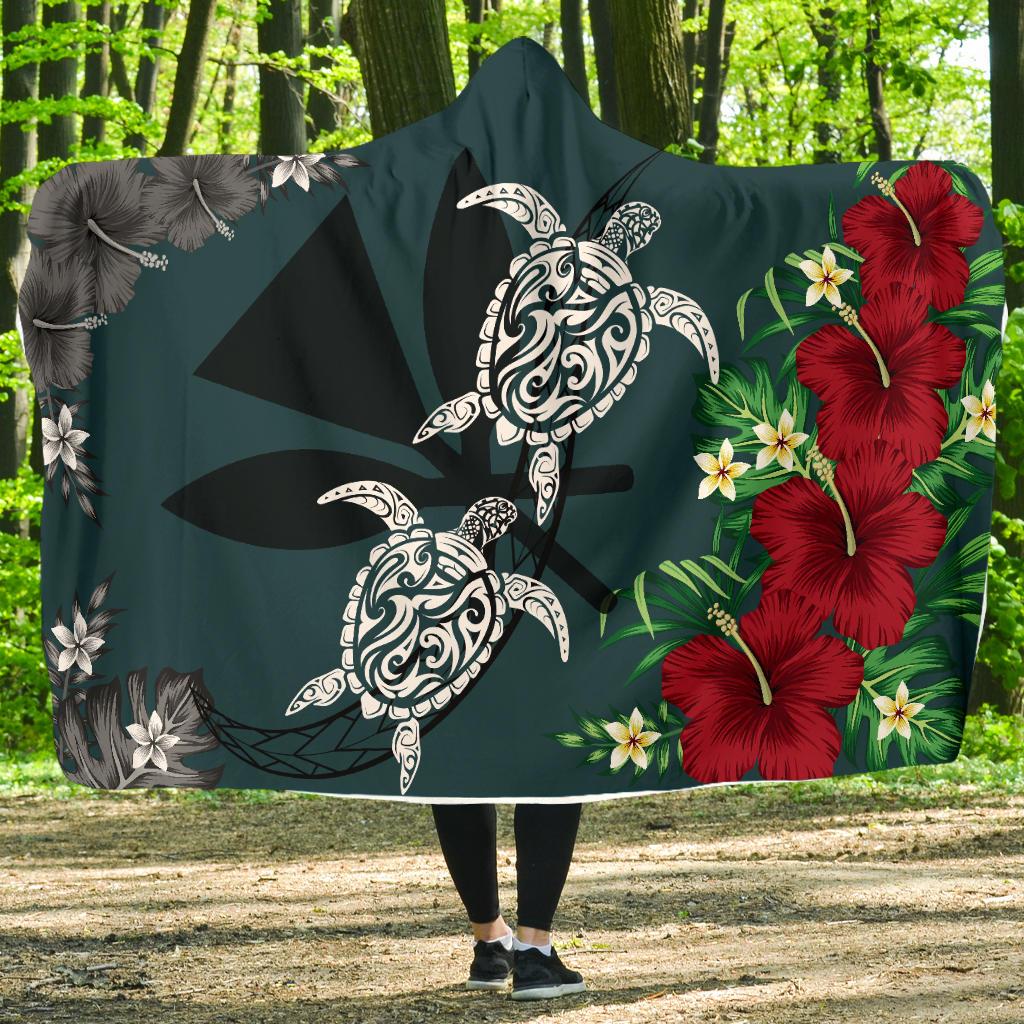 Hawaii Map Turtle Hibiscus Plumeria Polynesian - Hooded Blanket AH - Polynesian Pride