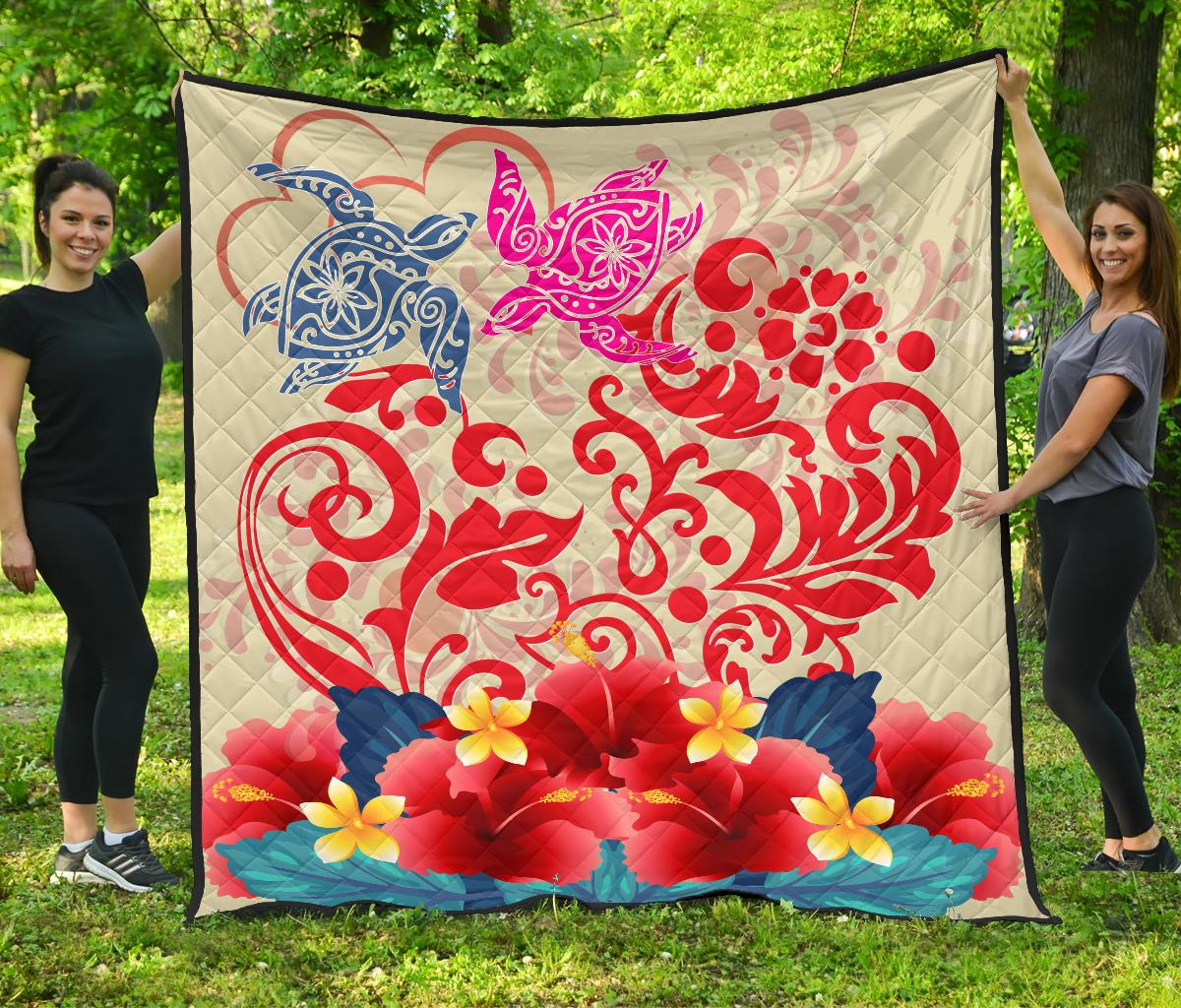 Hawaii Turtle Couple Hibiscus Valentine Pattern Premium Quilt - Romance Style - AH Beige - Polynesian Pride