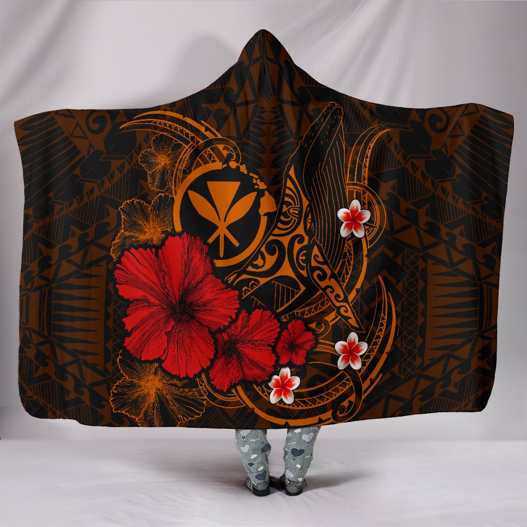 Polynesian Hawaii Kanaka Maoli Hooded Blanket - Humpback Whale with Hibiscus (Golden) Hooded Blanket Golden - Polynesian Pride