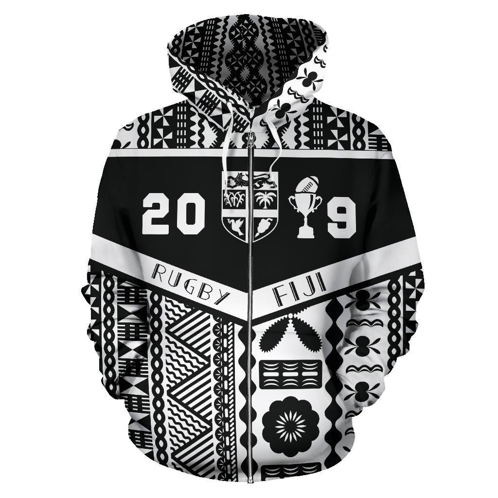 Fiji Win 2019 Zip up Hoodie Unisex Black White - Polynesian Pride