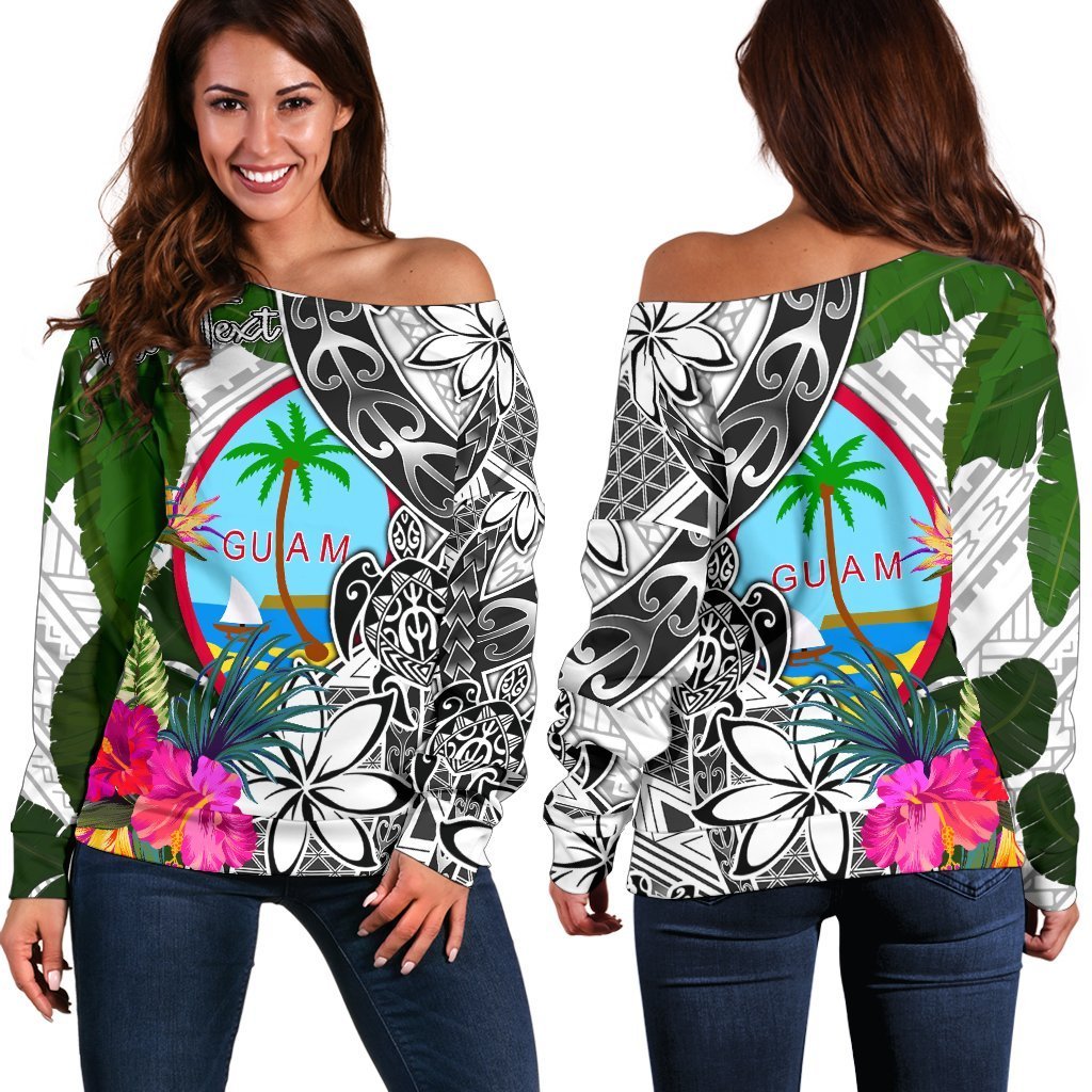 Guam Custom Personalised Women's Off Shoulder Sweater White - Turtle Plumeria Banana Leaf White - Polynesian Pride