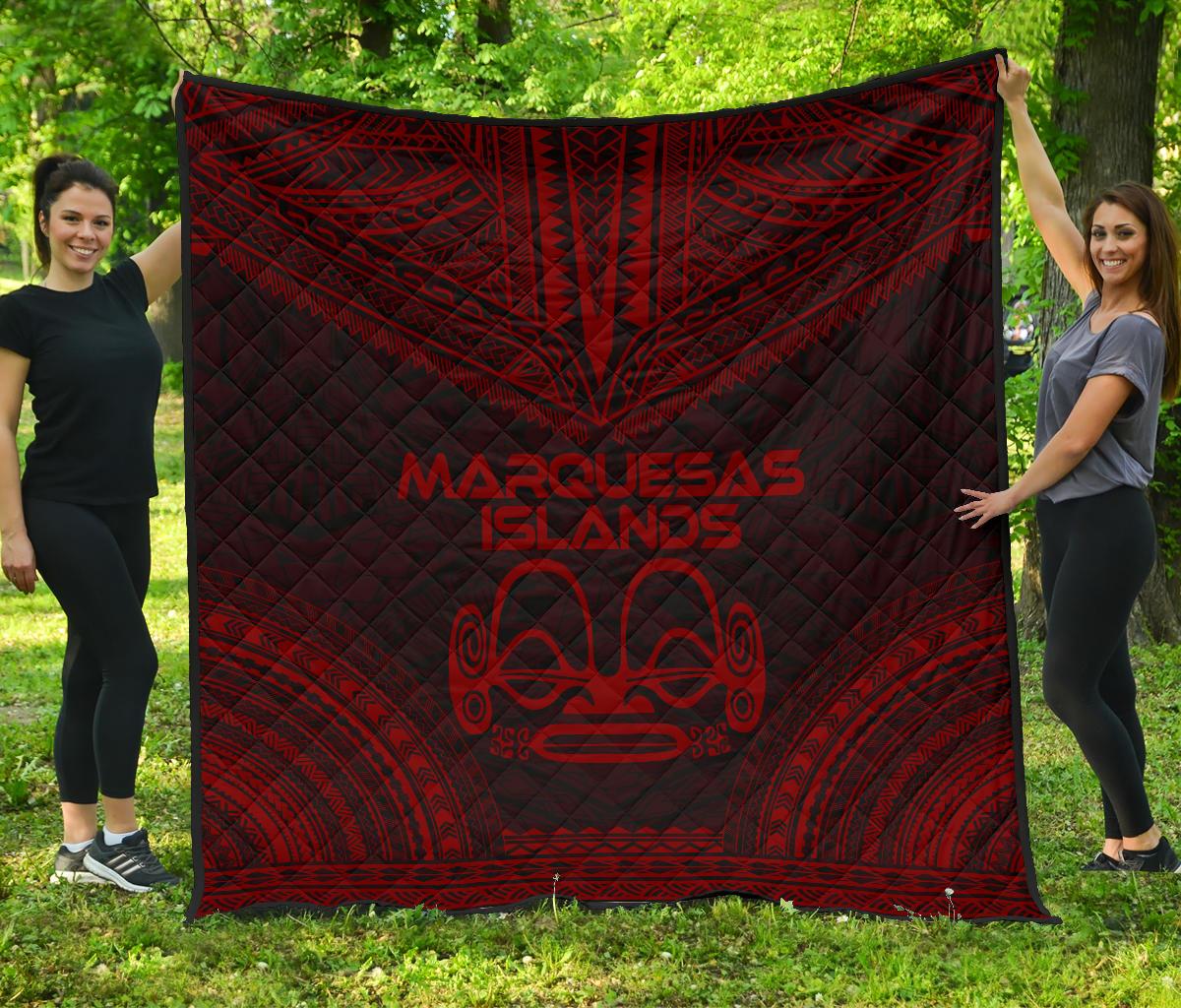 Marquesas Islands Premium Quilt - Marquesas Islands Tiki Face Polynesian Chief Dark Red Version Red - Polynesian Pride