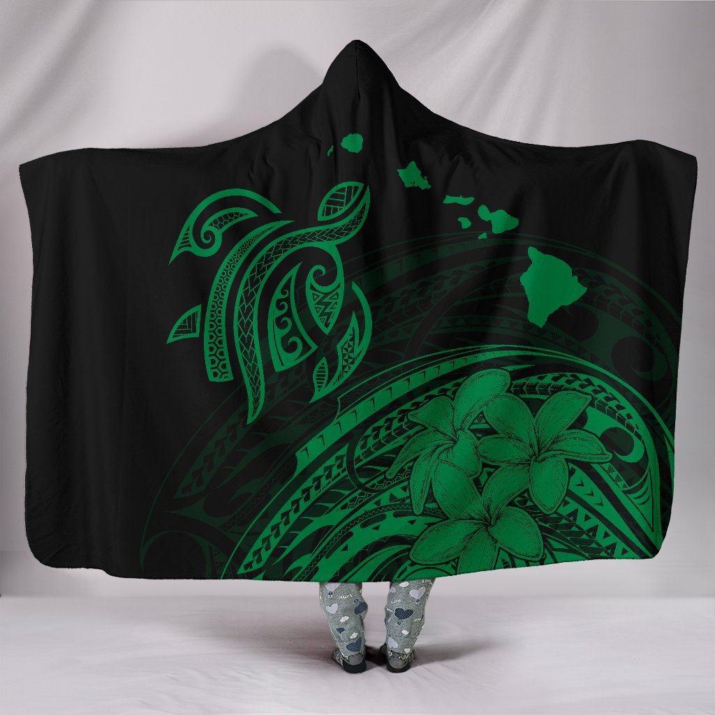 Hawaii Map Plumeria Polynesian Green Turtle Hooded Blanket Hooded Blanket Green - Polynesian Pride