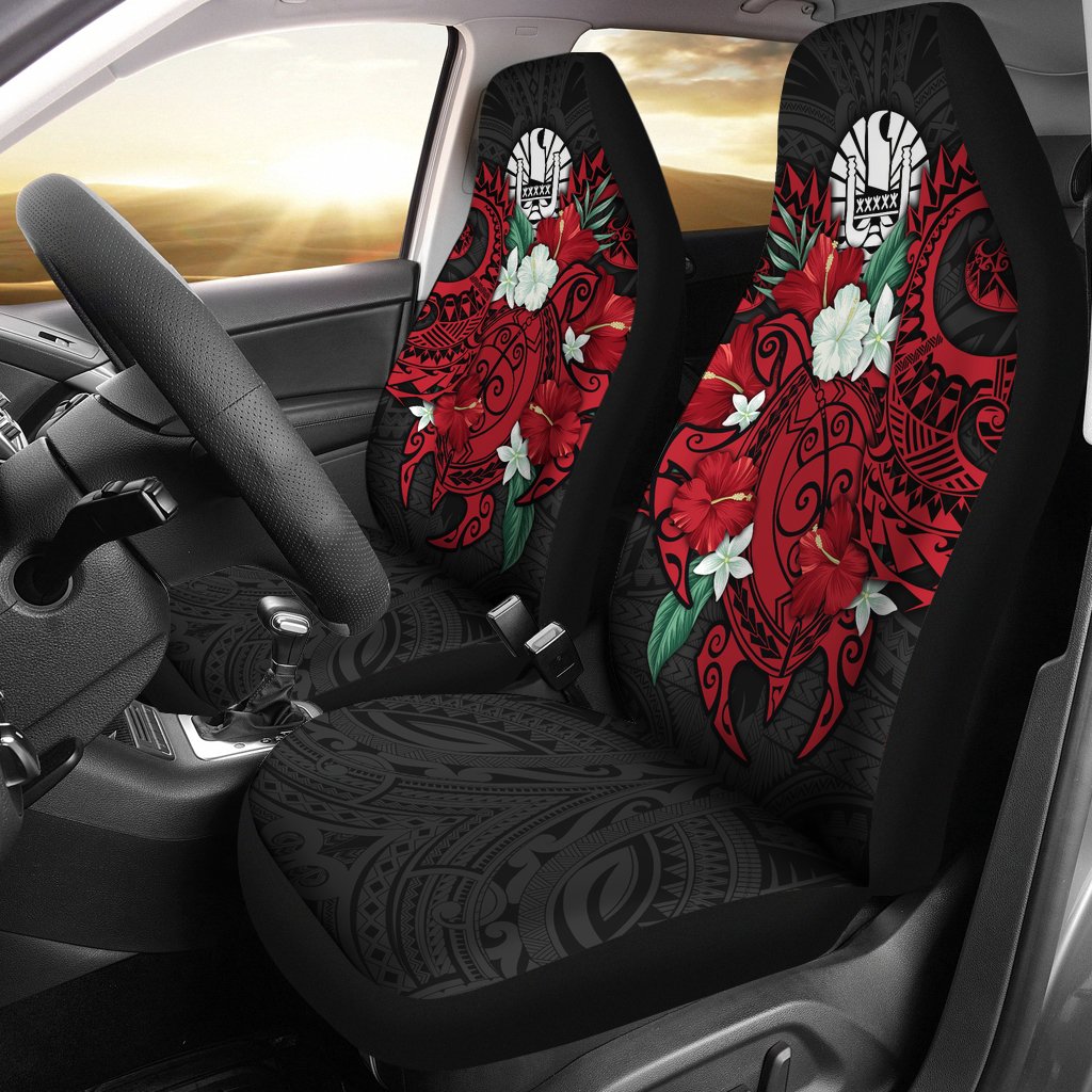 Tahiti Polynesian Car Seat - Coat of Arms with Hibiscus and Sea Turtle (Red) Universal Fit Red - Polynesian Pride