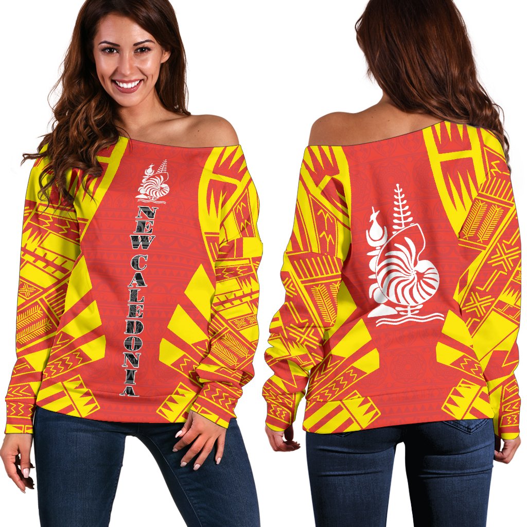 New Caledonia Women's Off Shoulder Sweater - Polynesian Tattoo Flag White - Polynesian Pride