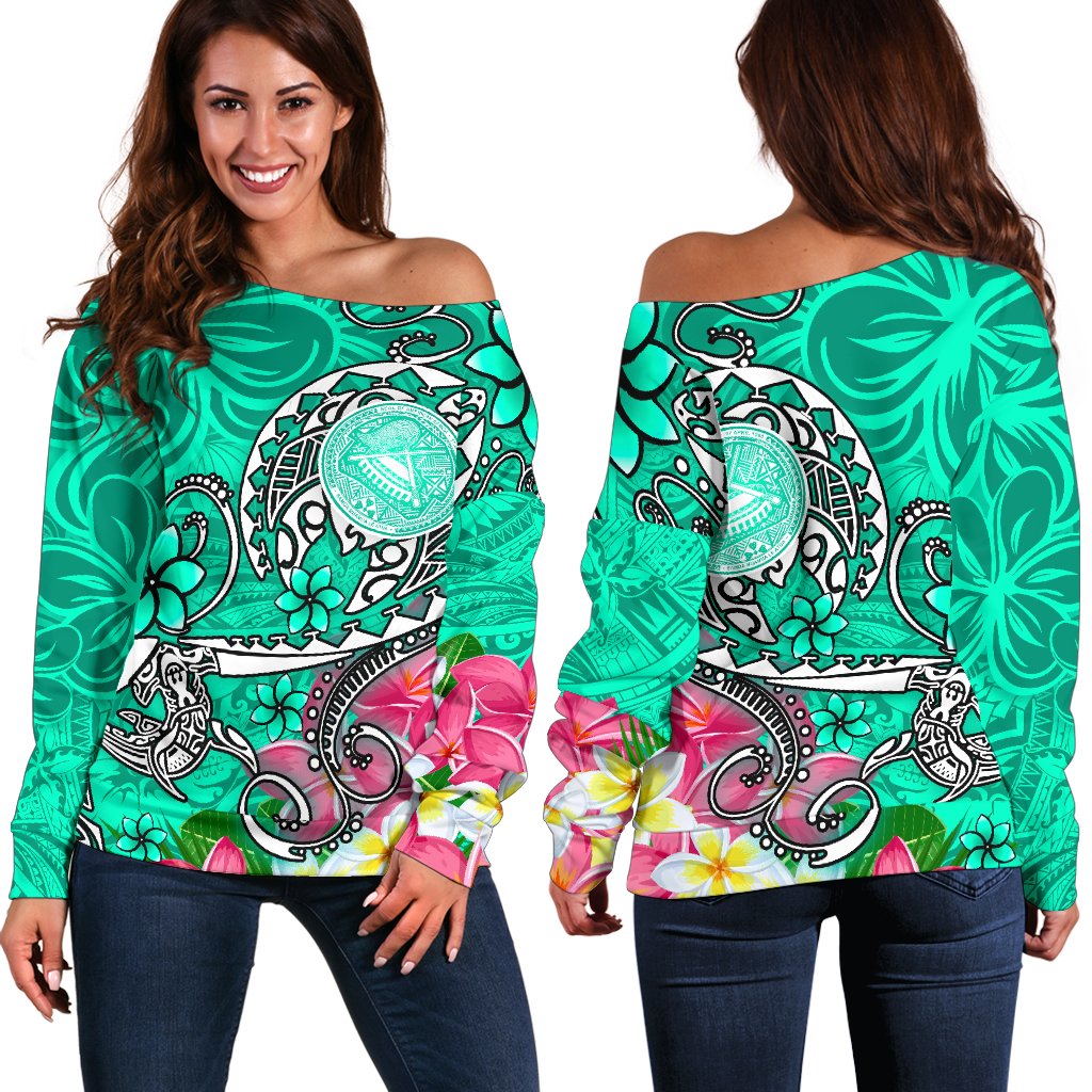 American Samoa Polynesian Women's Off Shoulder Sweater - Turtle Plumeria (Turquoise) Turquoise - Polynesian Pride