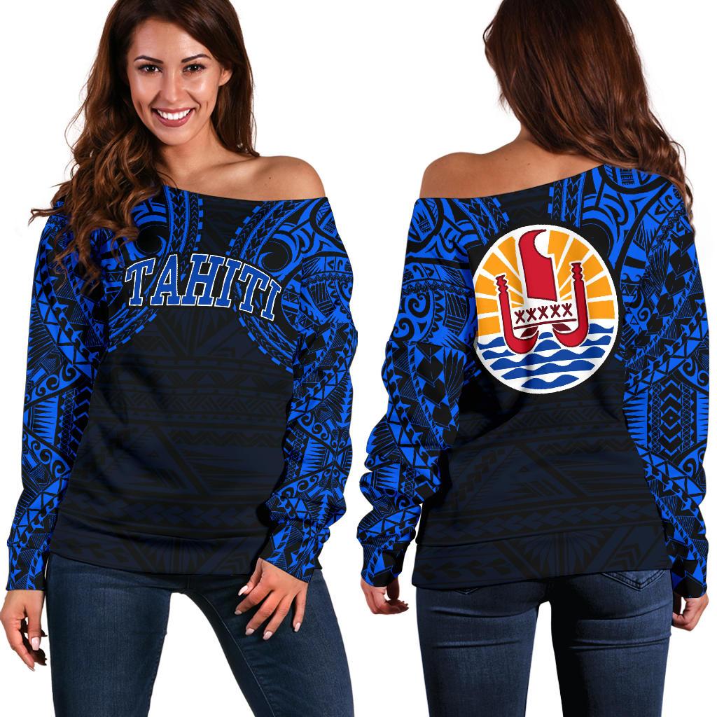 Tahiti Women's Off Shoulder Sweater - Blue Tattoo Version Blue - Polynesian Pride