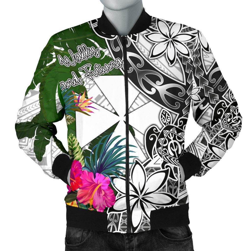 Wallis And Futuna Men's Bomber Jacket White - Turtle Plumeria Banana Leaf White - Polynesian Pride