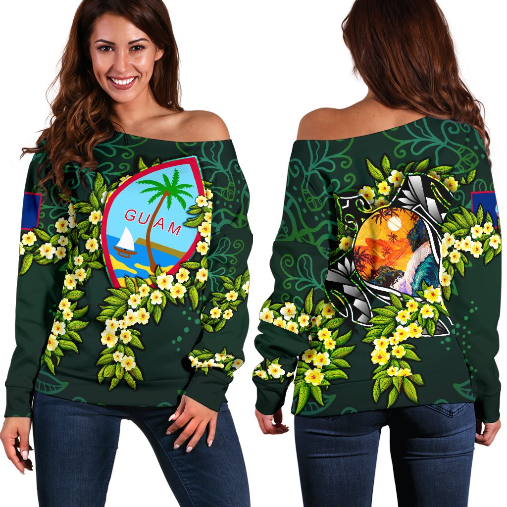 Guam Polynesian Off Shoulder Sweater - Ti Leaf Lei Turtle Green - Polynesian Pride