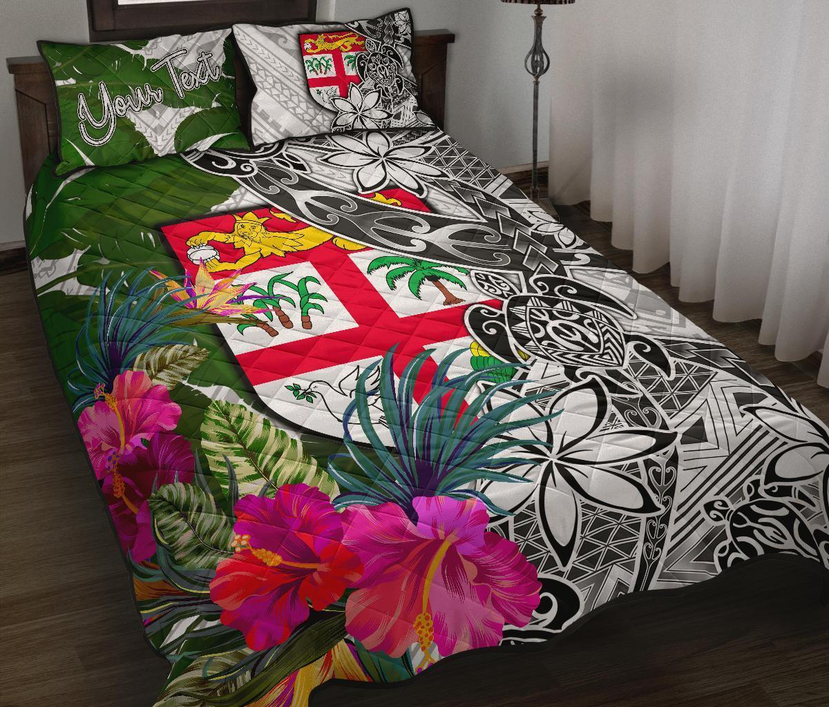 Fiji Custom Personalised Quilt Bet Set White - Turtle Plumeria Banana Leaf White - Polynesian Pride