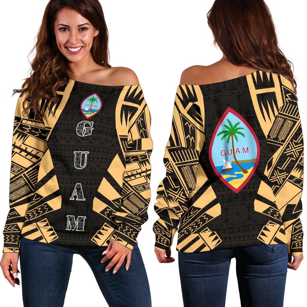 Guam Women's Off Shoulder Sweater - Polynesian Tattoo Gold Gold - Polynesian Pride