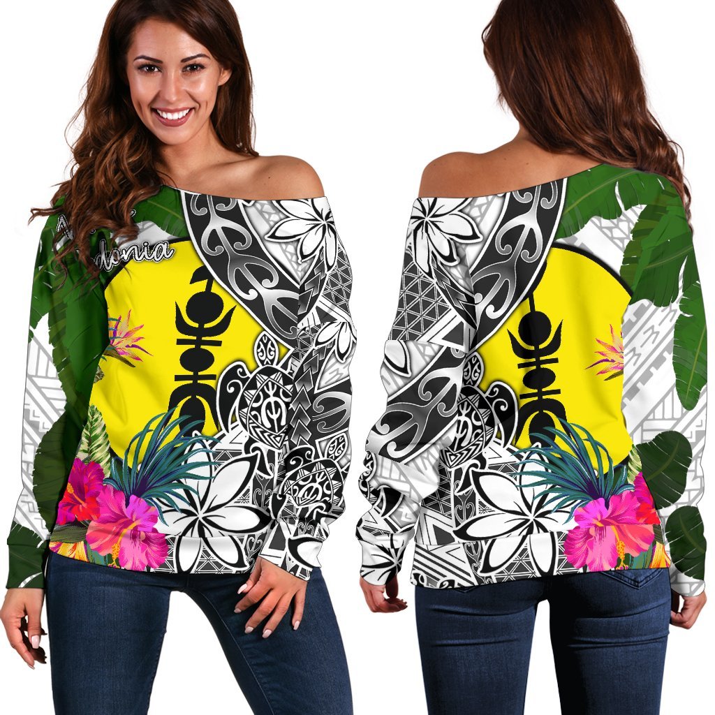 New Caledonia Women's Off Shoulder Sweater White - Turtle Plumeria Banana Leaf White - Polynesian Pride