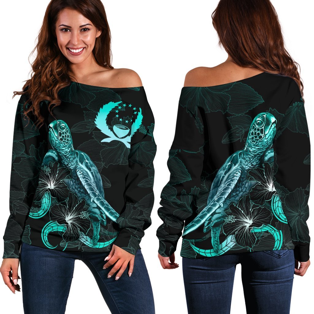 Pohnpei Polynesian Women's Off Shoulder Sweater - Turtle With Blooming Hibiscus Turquoise Turquoise - Polynesian Pride