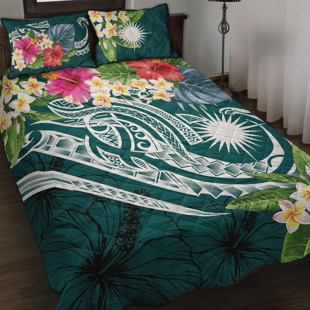 Marshall Islands Polynesian Quilt Bed Set - Summer Plumeria (Turquoise) Turquoise - Polynesian Pride