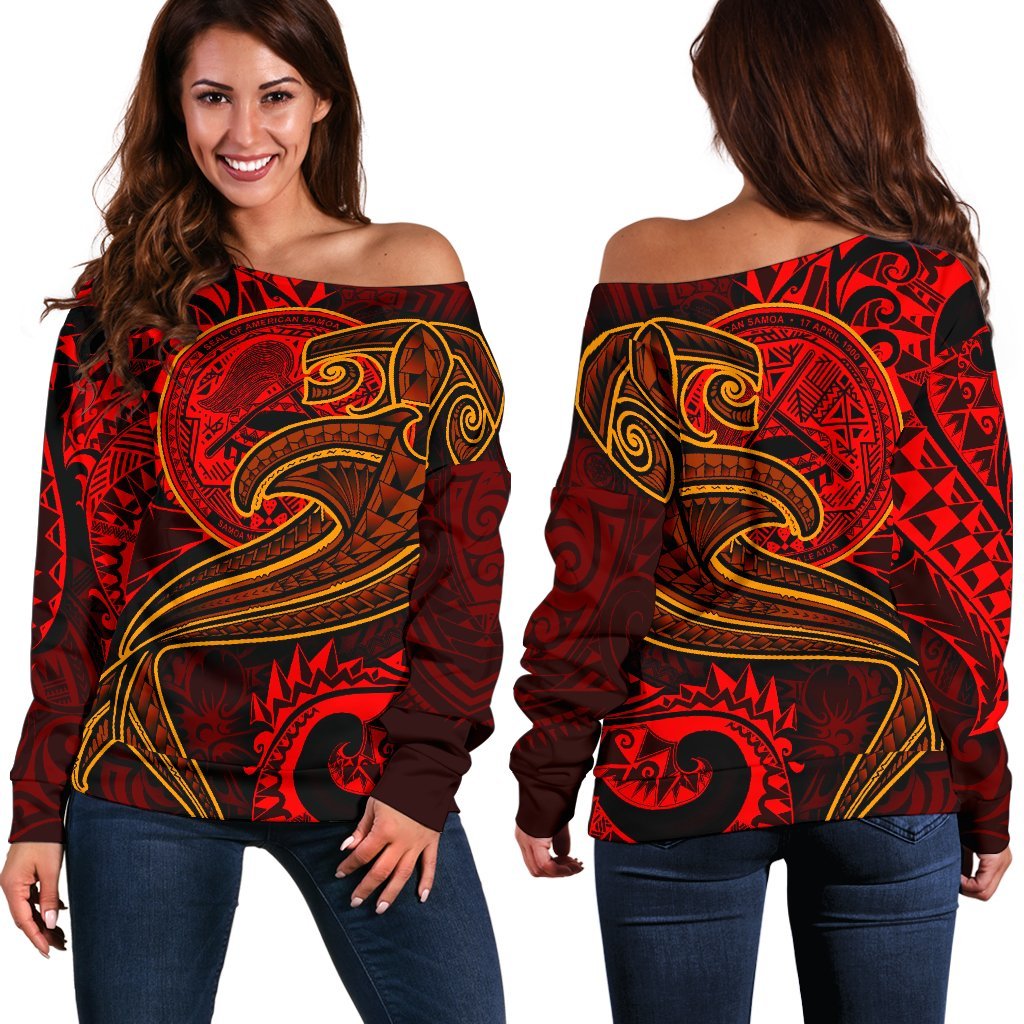 American Samoa Women's Off Shoulder Sweater - Red Shark Polynesian Tattoo Red - Polynesian Pride