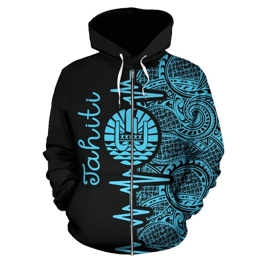 Tahiti Polynesian Zip up Hoodie Tahiti Flag Heartbeat Pattern Blue Version TH0 - Polynesian Pride