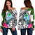 Guam Women's Off Shoulder Sweater White - Turtle Plumeria Banana Leaf White - Polynesian Pride