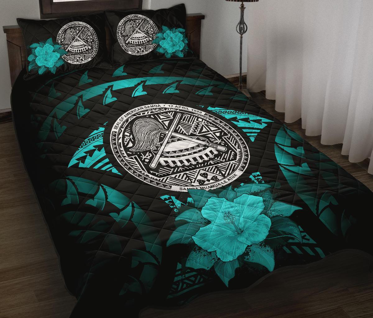 American Samoa Polynesian Quilt Bed Set Hibiscus Turquoise Black - Polynesian Pride