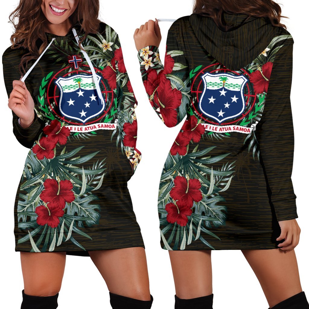 Samoa Hoodie Dress - Samoa Coat Of Arms Hibiscus Black - Polynesian Pride