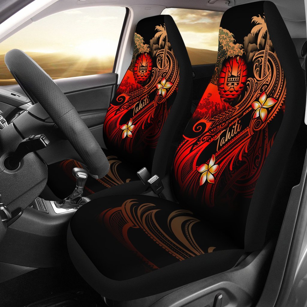 Tahiti Polynesian Car Seat Covers - Plumeria Flowers And Waves Universal Fit Red - Polynesian Pride