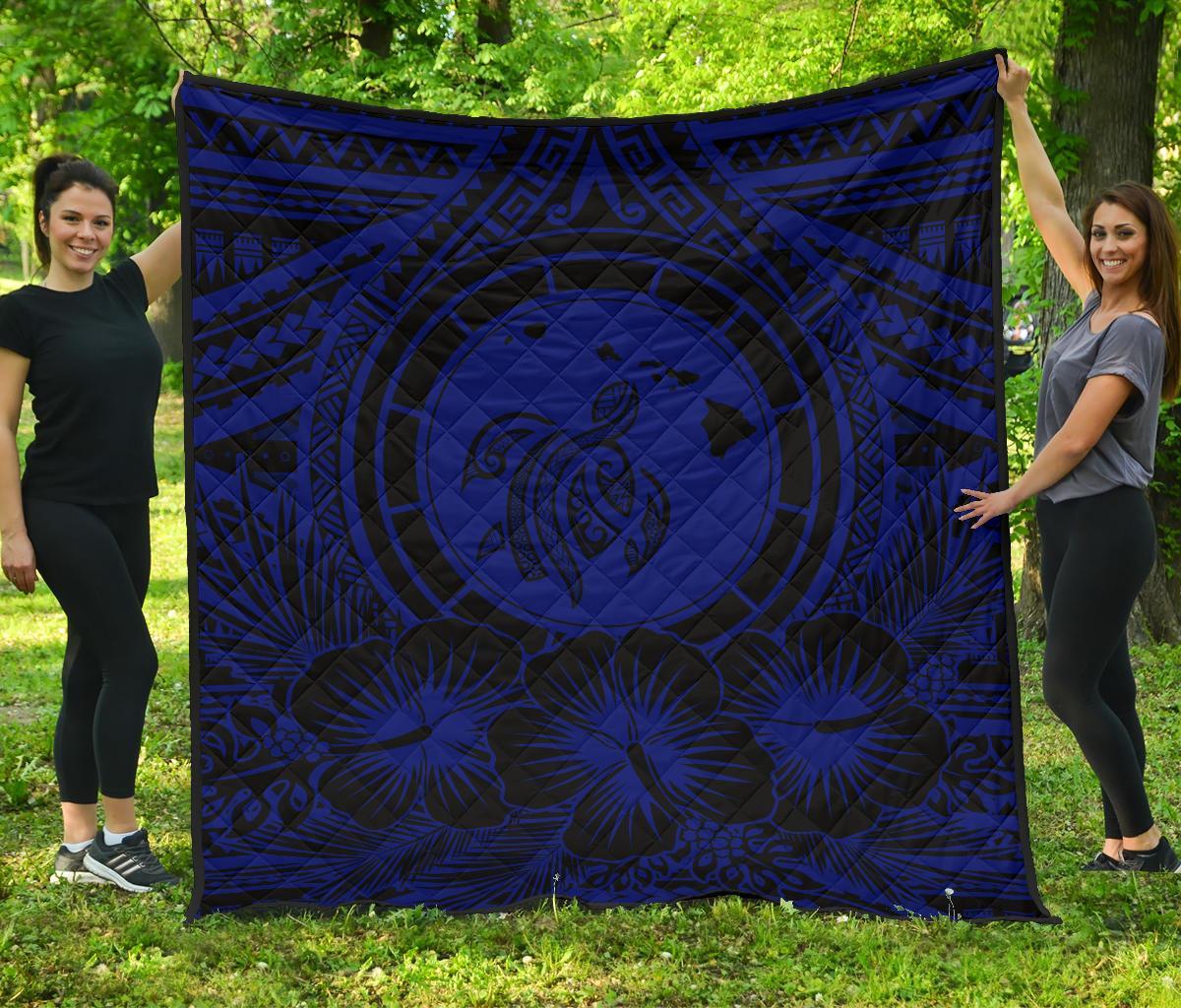 Hawaii Premium Quilt - Hawaii Map Honu Hibiscus Blue Polynesian Premium Quilt Blue - Polynesian Pride