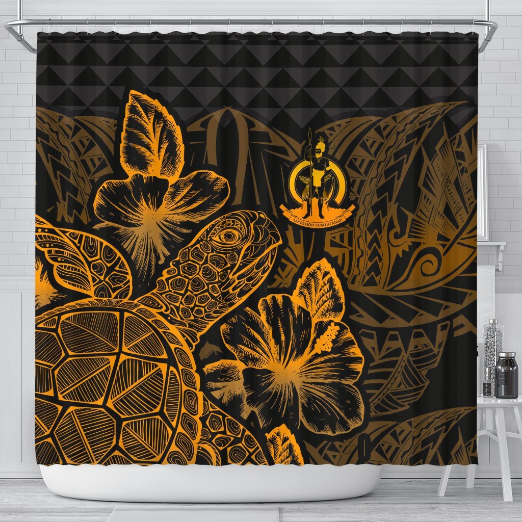 Vanuatu Shower Curtain Turtle Hibiscus Gold 177 x 172 (cm) Gold - Polynesian Pride