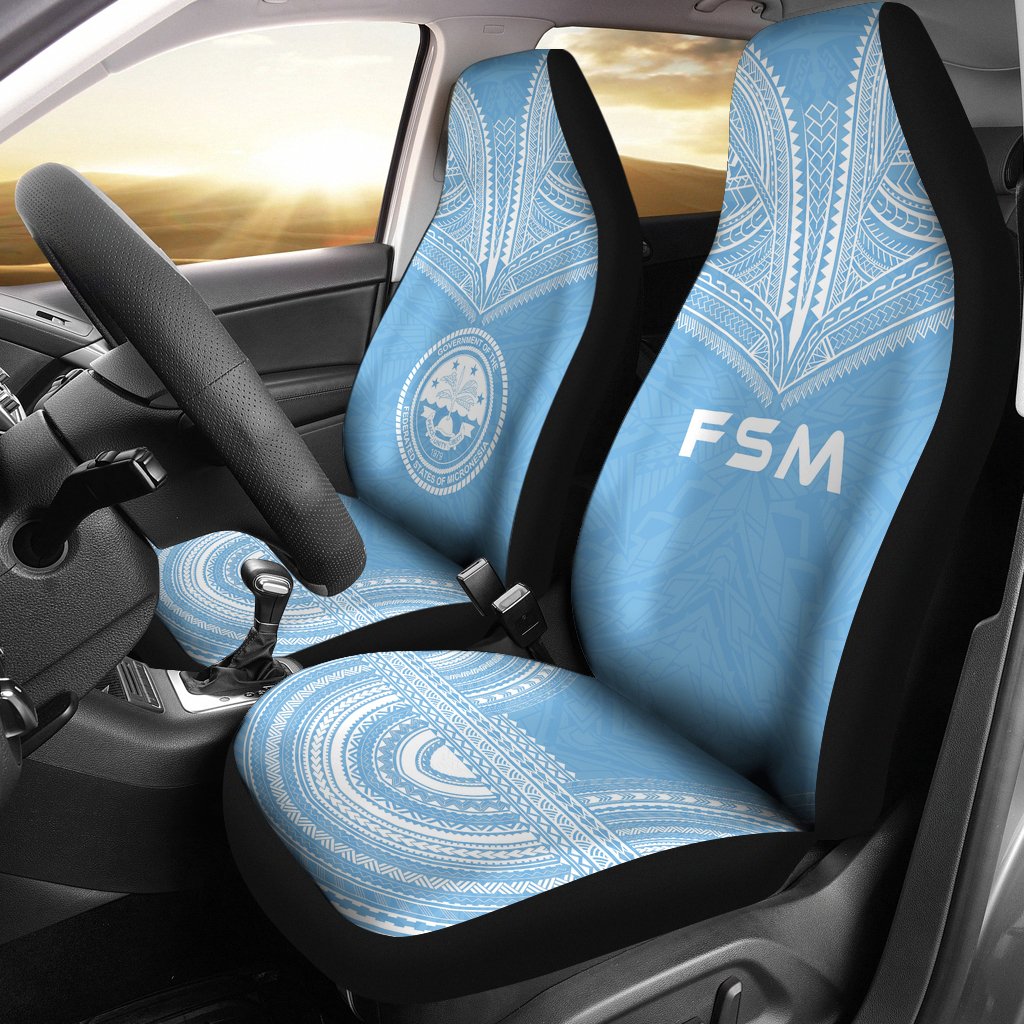 Federated States Of Micronesia Car Seat Cover - F S M Seal Polynesian Chief Tattoo Light Blue Version Universal Fit Blue - Polynesian Pride