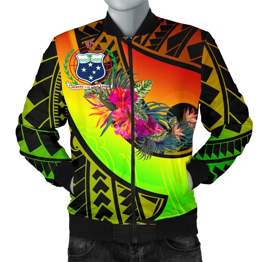 Samoa Men's Bomber Jacket - Polynesian Hook And Hibiscus (Reggae) Reggae - Polynesian Pride