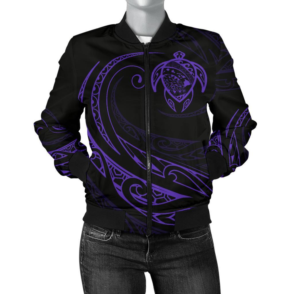 Hawaii Turtle Map Polynesian Women's Bomber Jacket - Purple - Frida Style Purple - Polynesian Pride