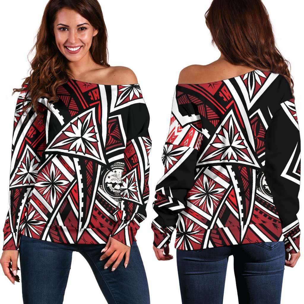 Federated States of Micronesia Women's Off Shoulder Sweaters - Tribal Flower Special Pattern Red Color Red - Polynesian Pride