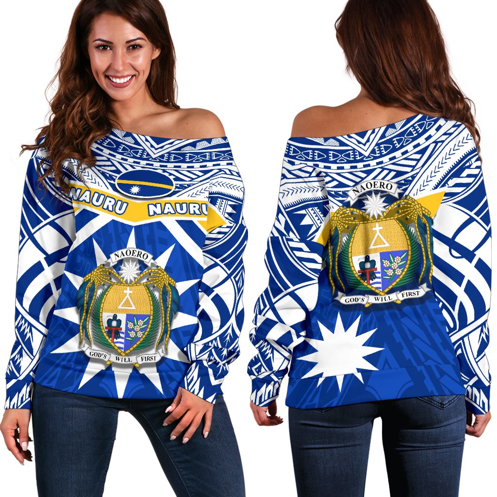 Nauru Rugby Off Shoulder Sweater Symbol Star Polynesian Blue - Polynesian Pride