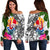 Tahiti Women's Off Shoulder Sweater White - Turtle Plumeria Banana Leaf White - Polynesian Pride