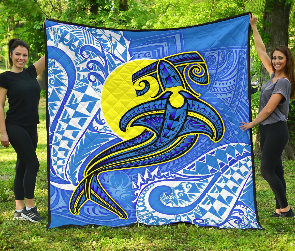 Palau Polynesian Premium Quilt - Palau Flag with Polynesian Tattoo Blue - Polynesian Pride