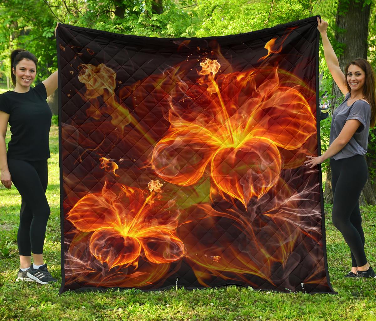 Hawaii Hibiscus Fire Premium Quilt Black - Polynesian Pride