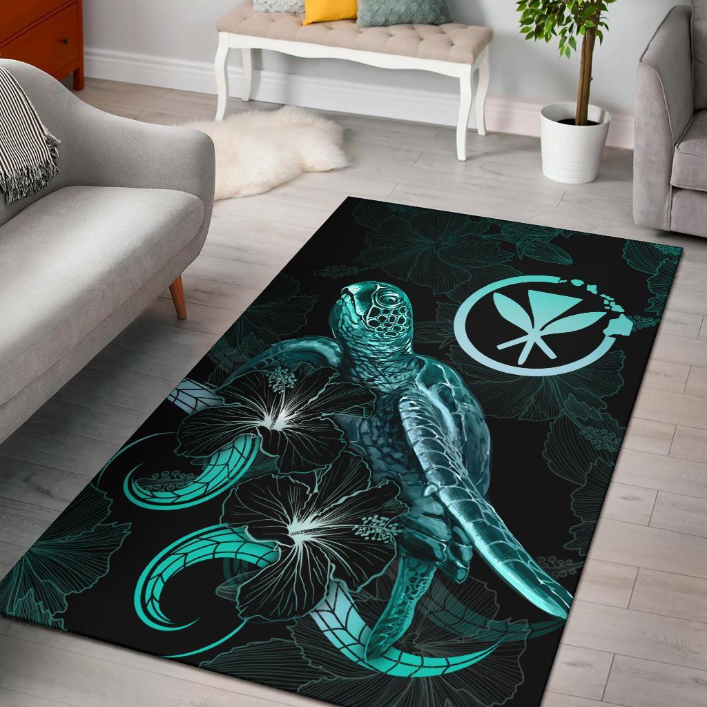 Hawaii Polynesian Area Rugs - Turtle With Blooming Hibiscus Turquoise Turquoise - Polynesian Pride