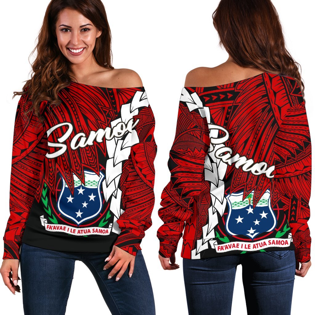 Samoa Polynesian Women's Off Shoulder Sweater - Tribal Wave Tattoo Flag Color Red - Polynesian Pride