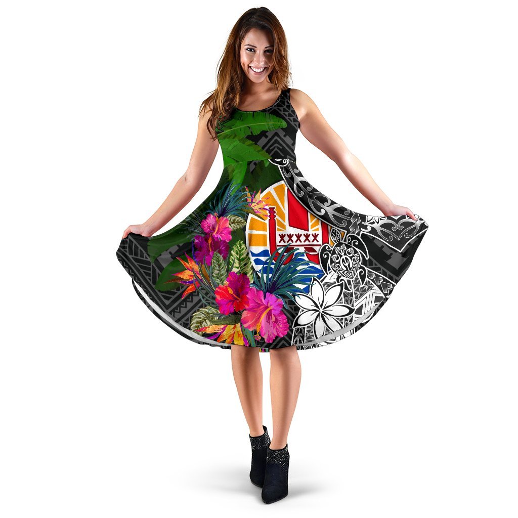 Tahiti Midi Dress - Turtle Plumeria Banana Leaf Women Black - Polynesian Pride