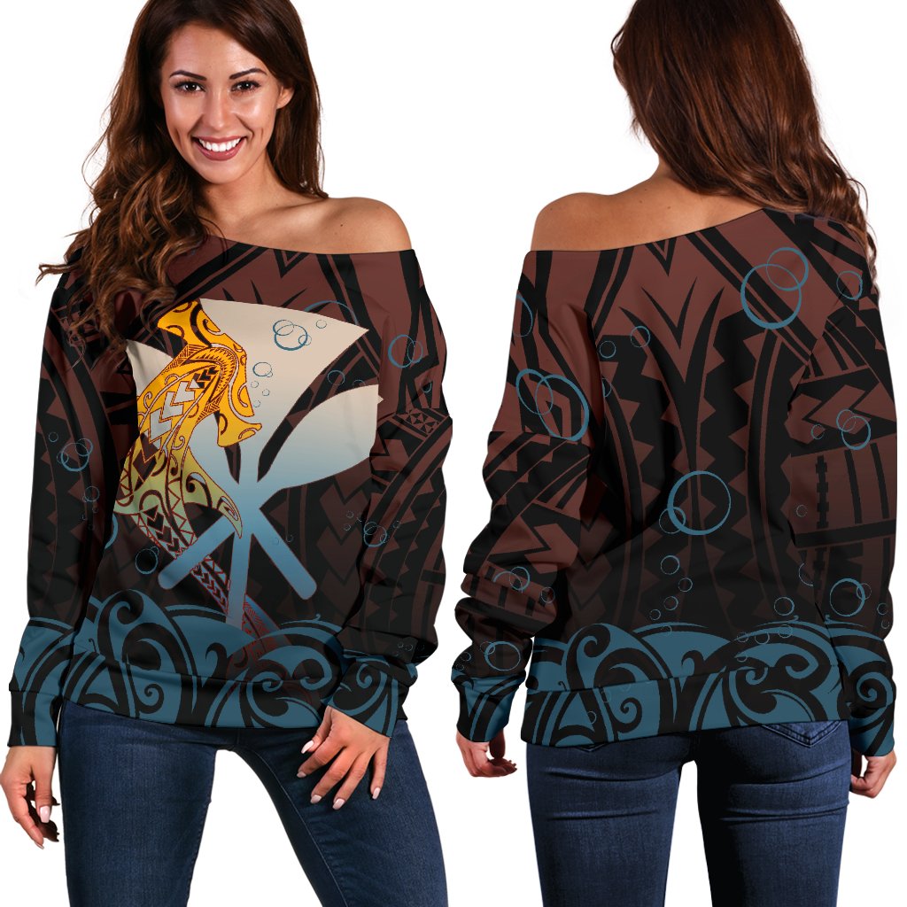 Hawaiian - Kanaka Shark Women's Off Shoulder Sweater - Bubbles Style - AH Art - Polynesian Pride