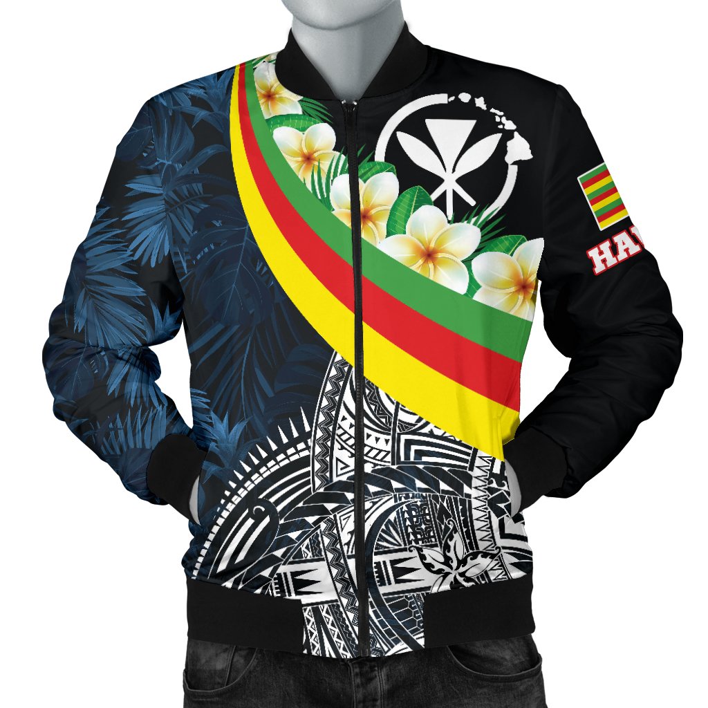 Polynesian Hawaii Men's Bomber Jacket - Kanaka Maoli With Plumeria Style Black - Polynesian Pride