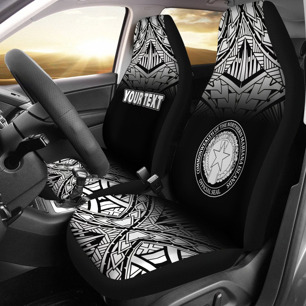 Northern Mariana Islands Custom Personalised Car Seat Covers - C N M I Seal Polynesian Tattoo Fog Black Universal Fit Black - Polynesian Pride