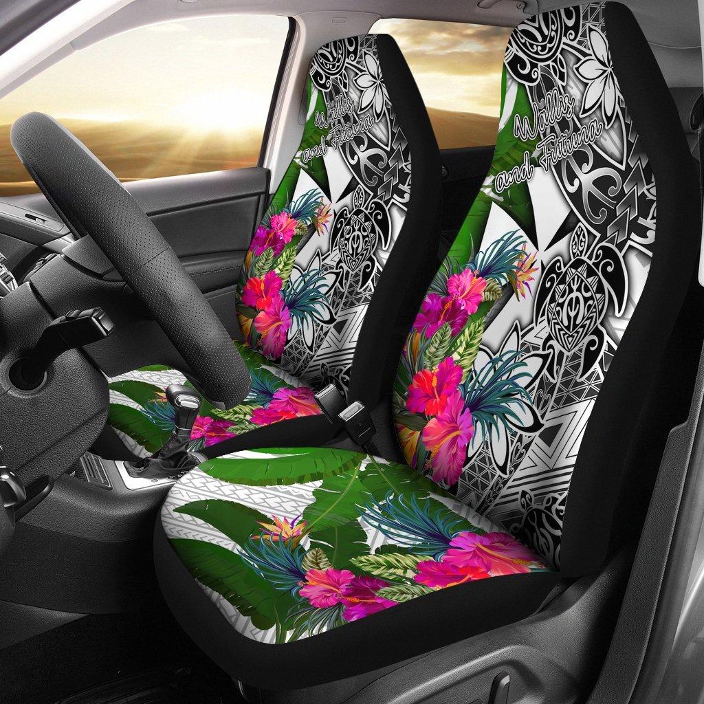 Wallis And Futuna Car Seat Covers White - Turtle Plumeria Banana Leaf Universal Fit White - Polynesian Pride