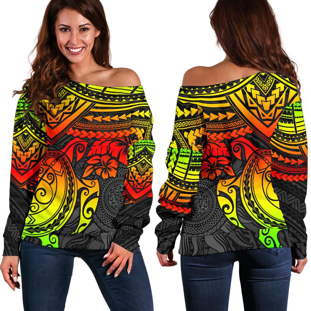 Polynesian Women's Off Shoulder Sweater - Polynesian Reggae Turtle Art - Polynesian Pride