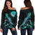 Tahiti Polynesian Women's Off Shoulder Sweater - Turtle With Blooming Hibiscus Turquoise Turquoise - Polynesian Pride