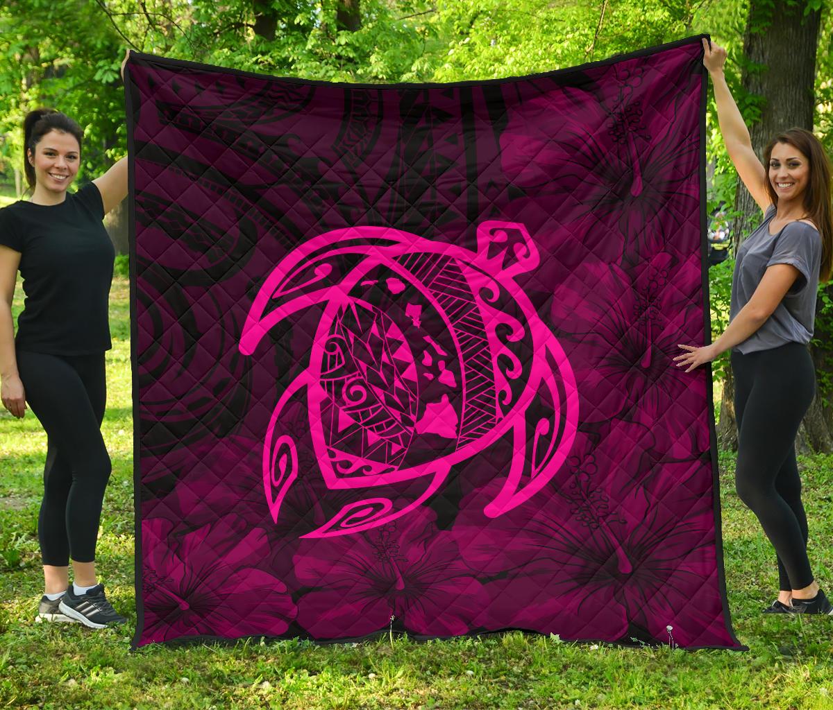 Hawaii Turtle Kanaka Map Hibiscus Poly Premium Quilt - Pink Pink - Polynesian Pride