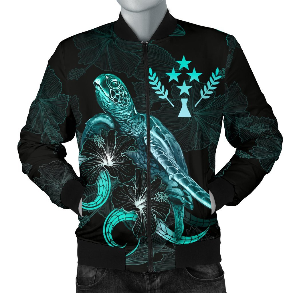 Kosrae Polynesian Men's Bomber Jacket - Turtle With Blooming Hibiscus Turquoise Turquoise - Polynesian Pride