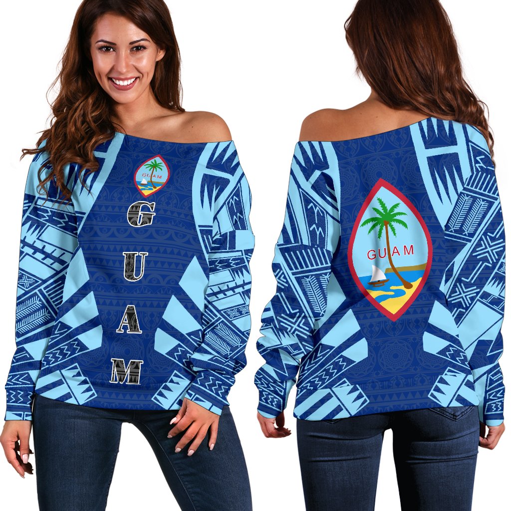 Guam Women's Off Shoulder Sweater - Polynesian Tattoo Flag White - Polynesian Pride