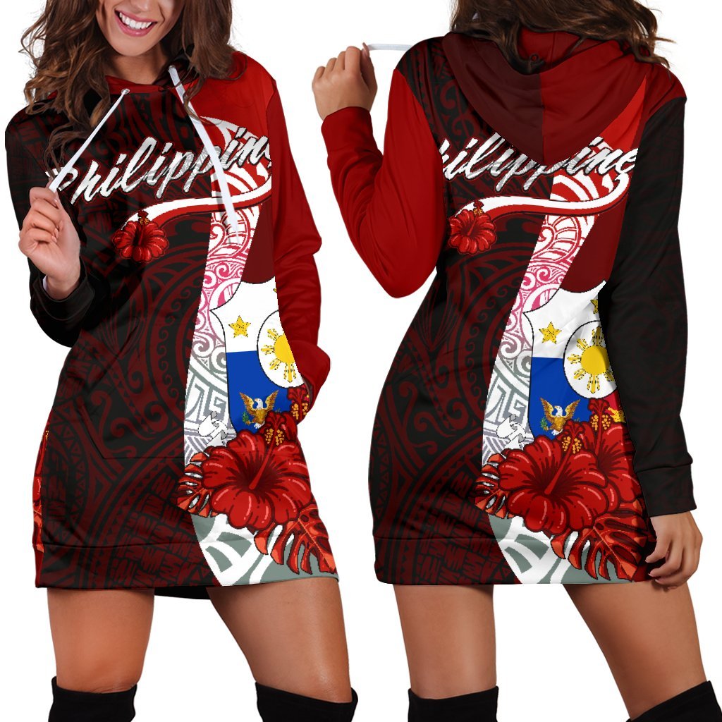 Philippines Polynesian Hoodie Dress - Coat Of Arm With Hibiscus Red - Polynesian Pride