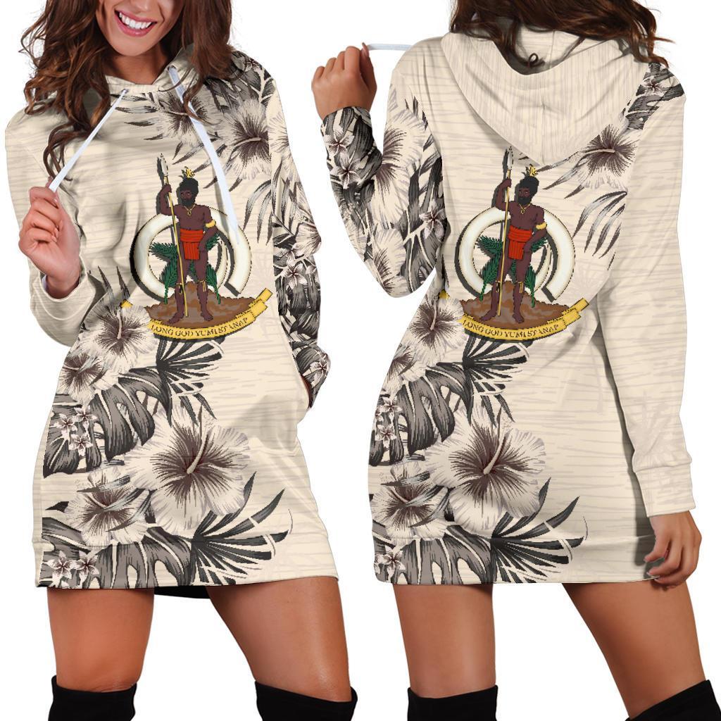 Vanuatu Hoodie Dress - Vanuatu Coat Of Arms & Beige Hibiscus White - Polynesian Pride