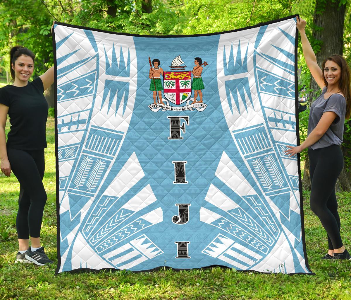 Fiji Premium Quilt - Fiji Coat Of Arms Polynesian White Tattoo (Blue) - Polynesian Pride