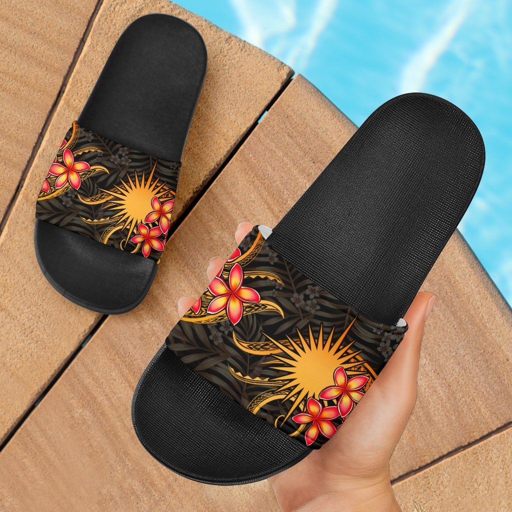 Marshall Islands Slide Sandals - Gold Plumeria Black - Polynesian Pride